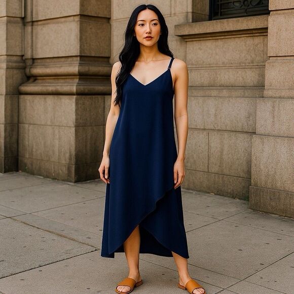 LULUS Dresses & Skirts - Lulus NAVY BLUE SMALL Spaghetti Strap Double V Neck High Low Hem Maxi Dress